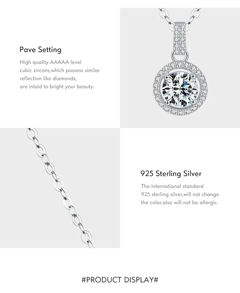925 Sterling Silver Charm Round 1CT 5A Zirconia Pendant Necklace Classic Platinum Plated Jewelry For Women Wedding Gifts