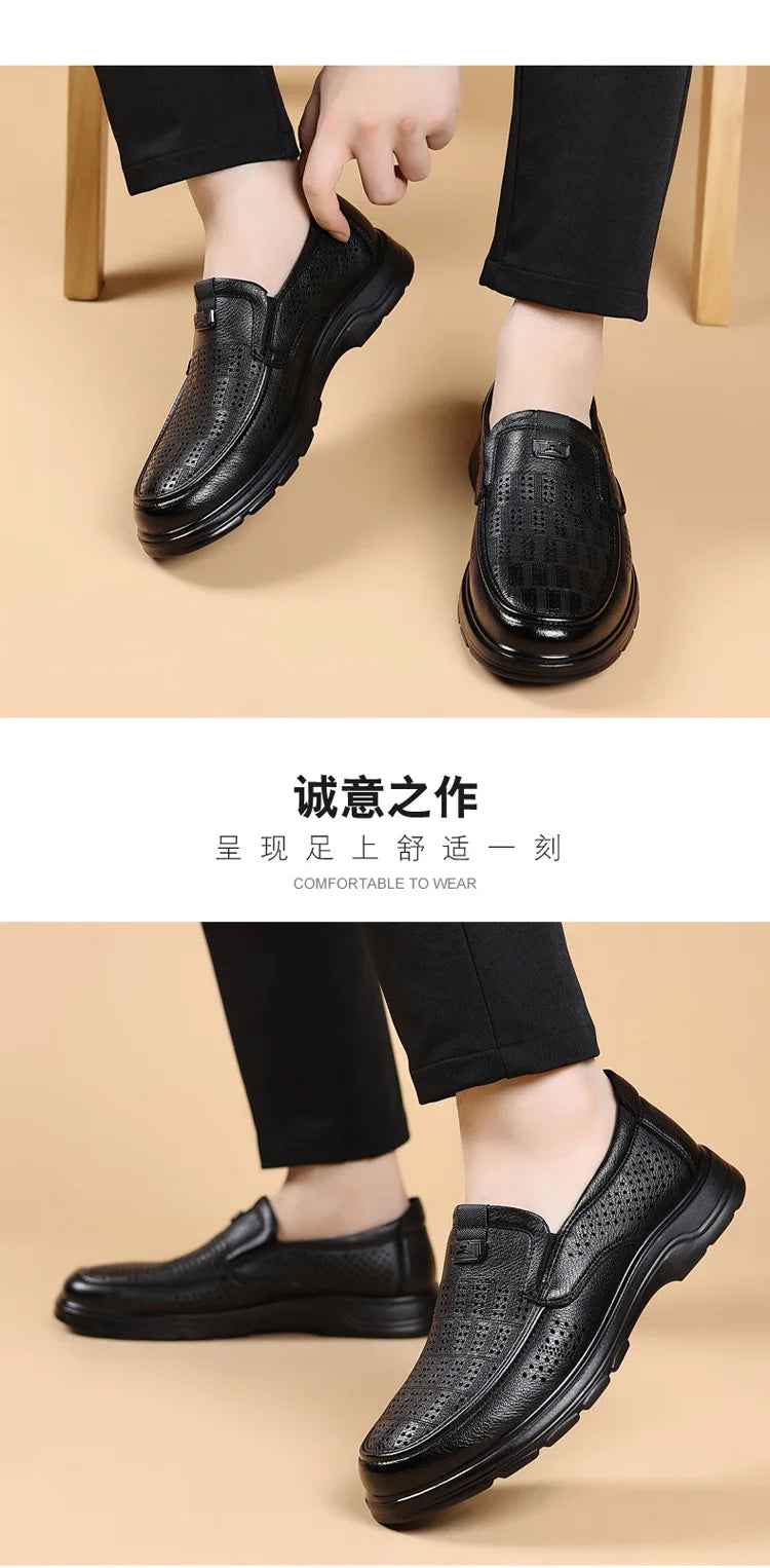 Men's Summer Breathable Leather Loafers Brown Hollow Out Slip-On Shoes Male Thick Sole Comfortable Non-slip Work Shoes for Man