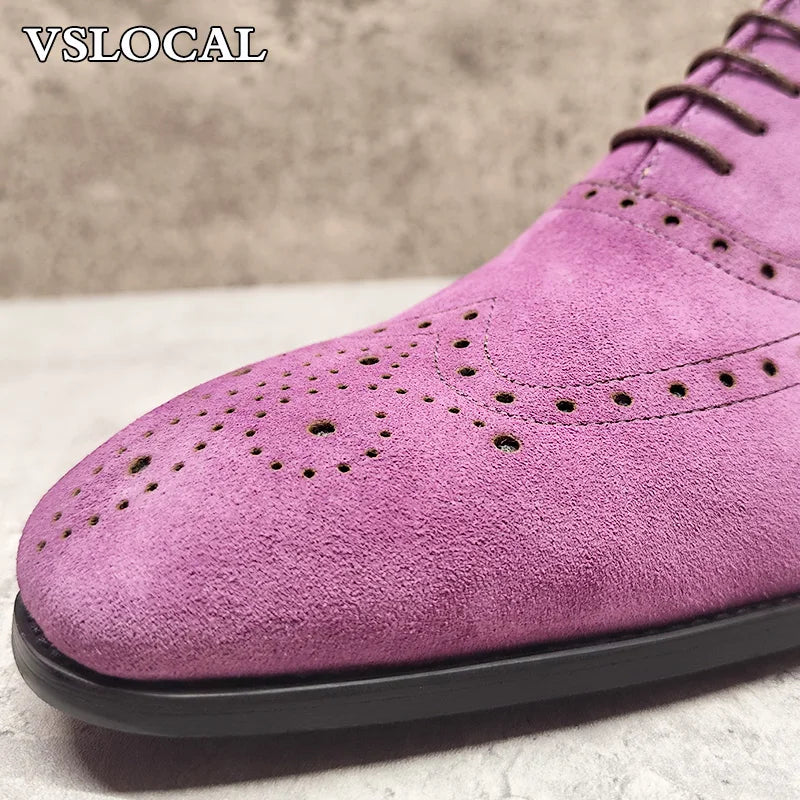 Elegant Men's Oxford Shoe Lace up Suede Leather Purple Pointed Toe Mens Dress Casual Shoes Banquet Wedding Shoes For Man