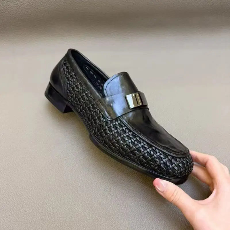 2026 Summer New Hallow Leather Shoes for Man Black Woven Breathable Elegant Shoes Man Fashion Business Loafers Male