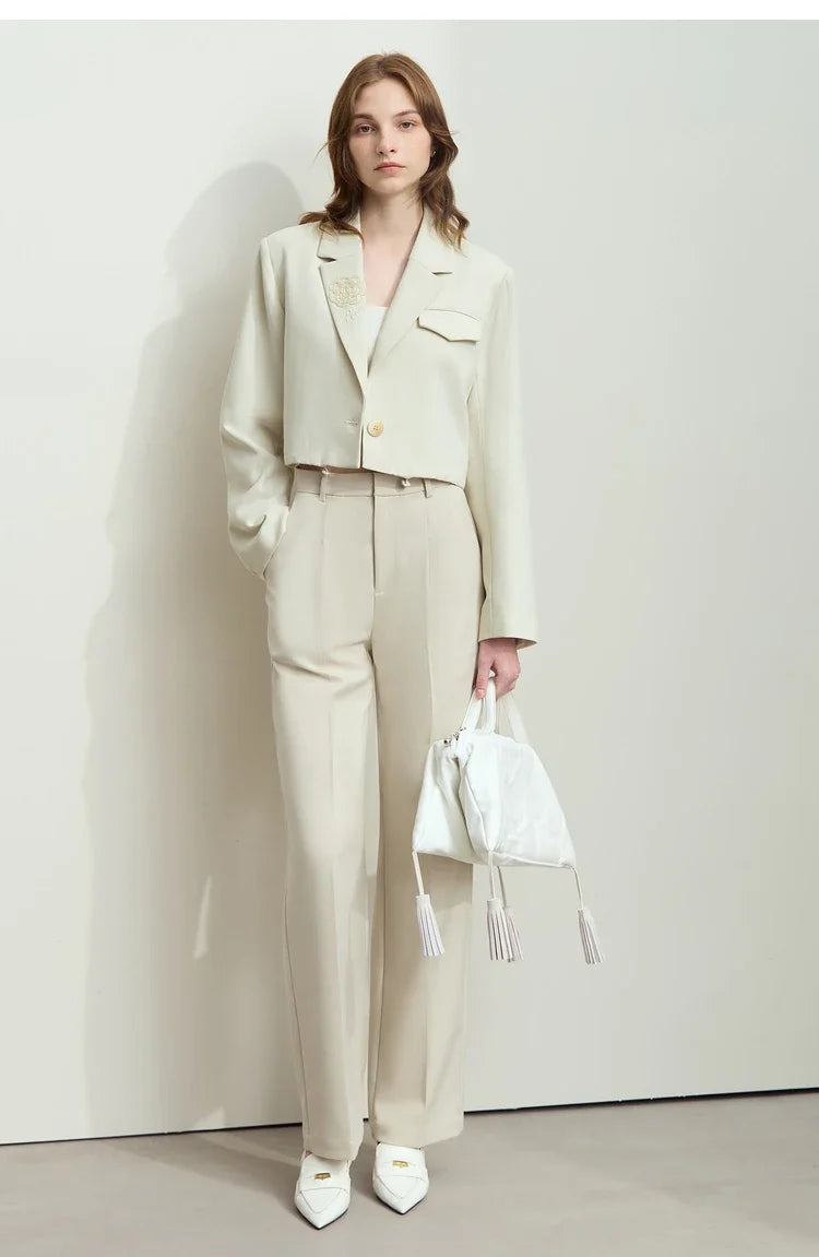 2026 Short Jacket Women's Shoulder Padded Suit Collar Rose Beaded Embroidery Autumn Long-sleeve Commuter Top 12521069