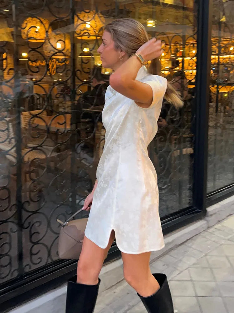 Women Fashion Jacquard Short Dress Short Sleeve Zipper Asymmetric Button Decoration Mini Dress Woman Elegant Party Dress