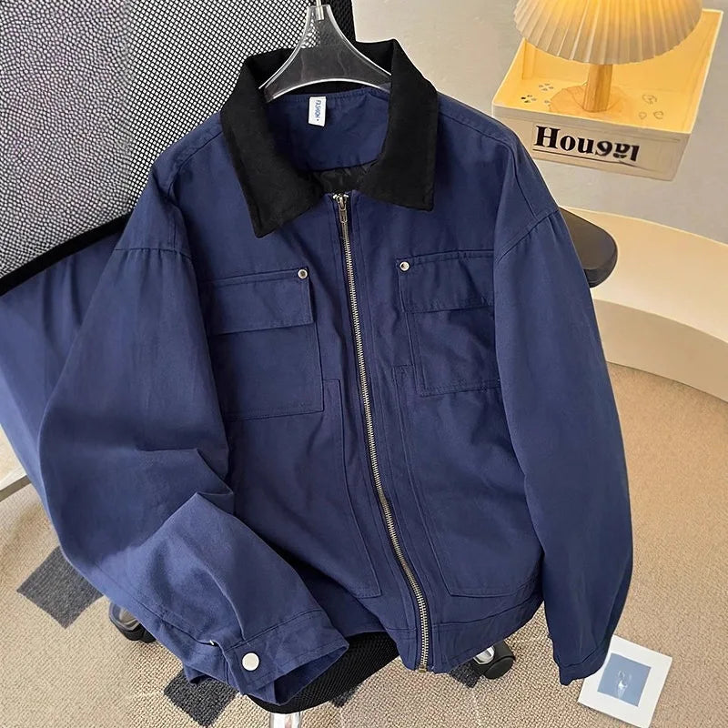 American Retro Workwear Jacket Loose Casual Men's Pilot Style Outerwear Trendy Polyester Fiber Zipper Closure Spring Autumn