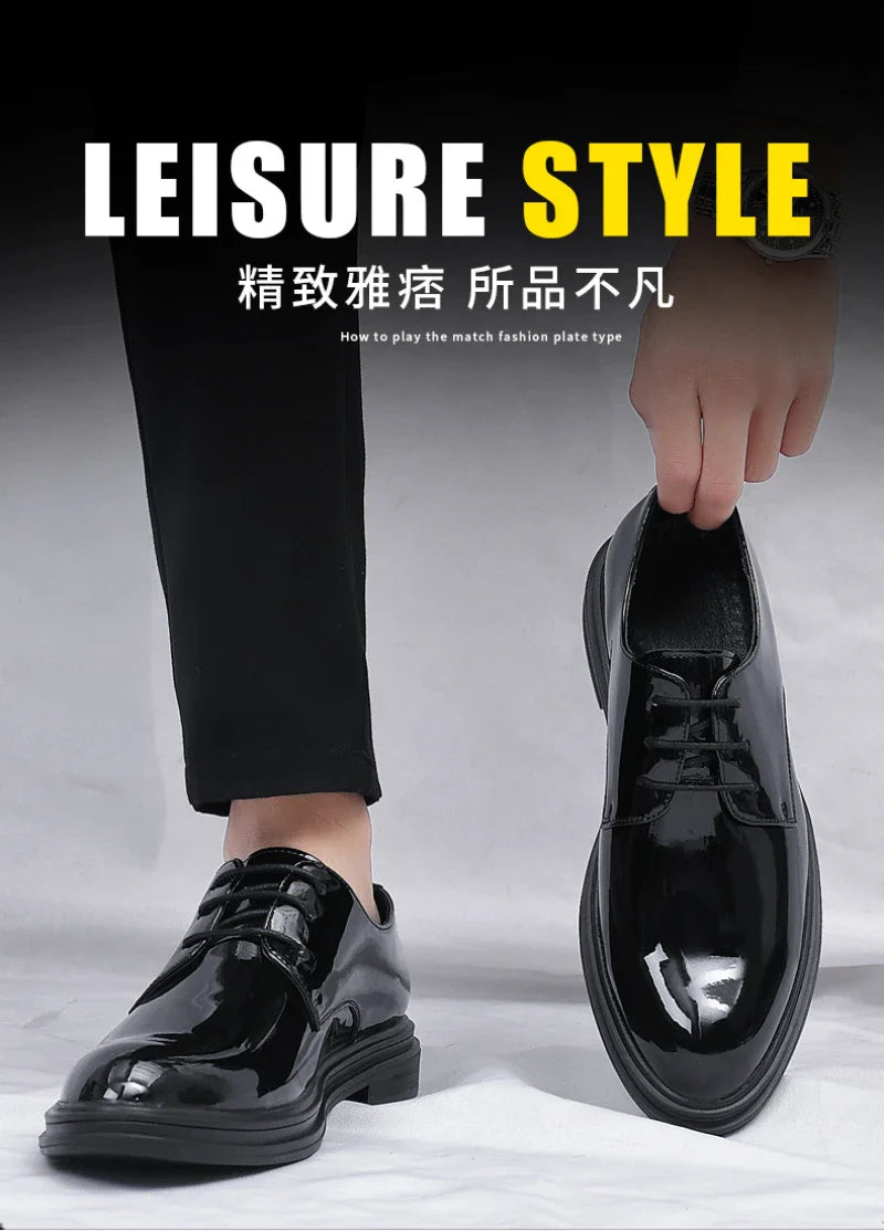 Mens Black Patent Leather Lace Up Dress Shoes With Thick Sole Platform Block Heel Formal Business Wedding Party Office Work Shoe