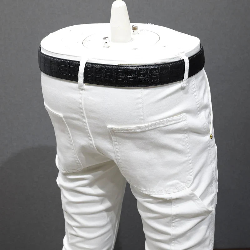 High Street Fashion Men Jeans White Elastic Stretch Skinny Jeans