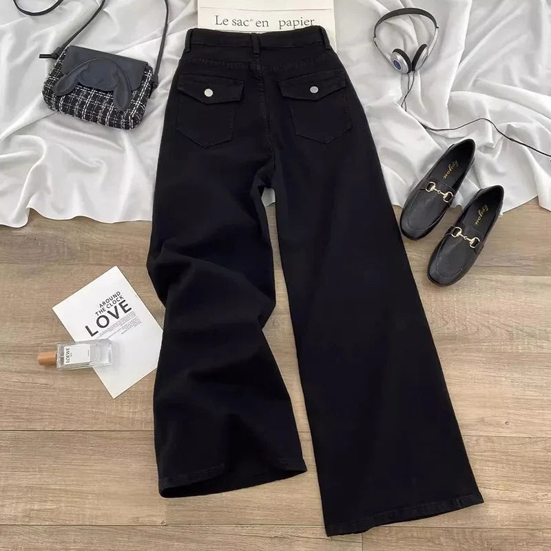 بنات جينز بخصر مرتفع بنطلون جينز بقصة مستقيمة بتصميم أنيق