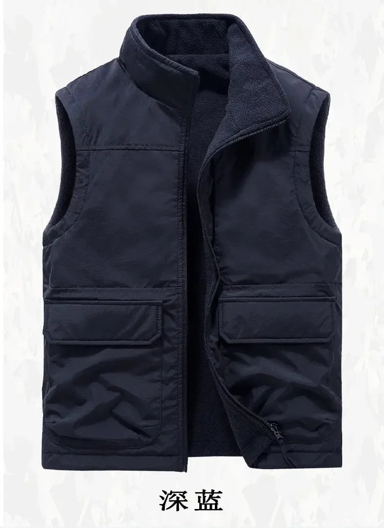 Reversible Sleeveless Jacket Men's Vest Coat Winter Waistcoat Thick Warm Fleece Workwear Tops Cargo Vest Windbreaker New Fashion