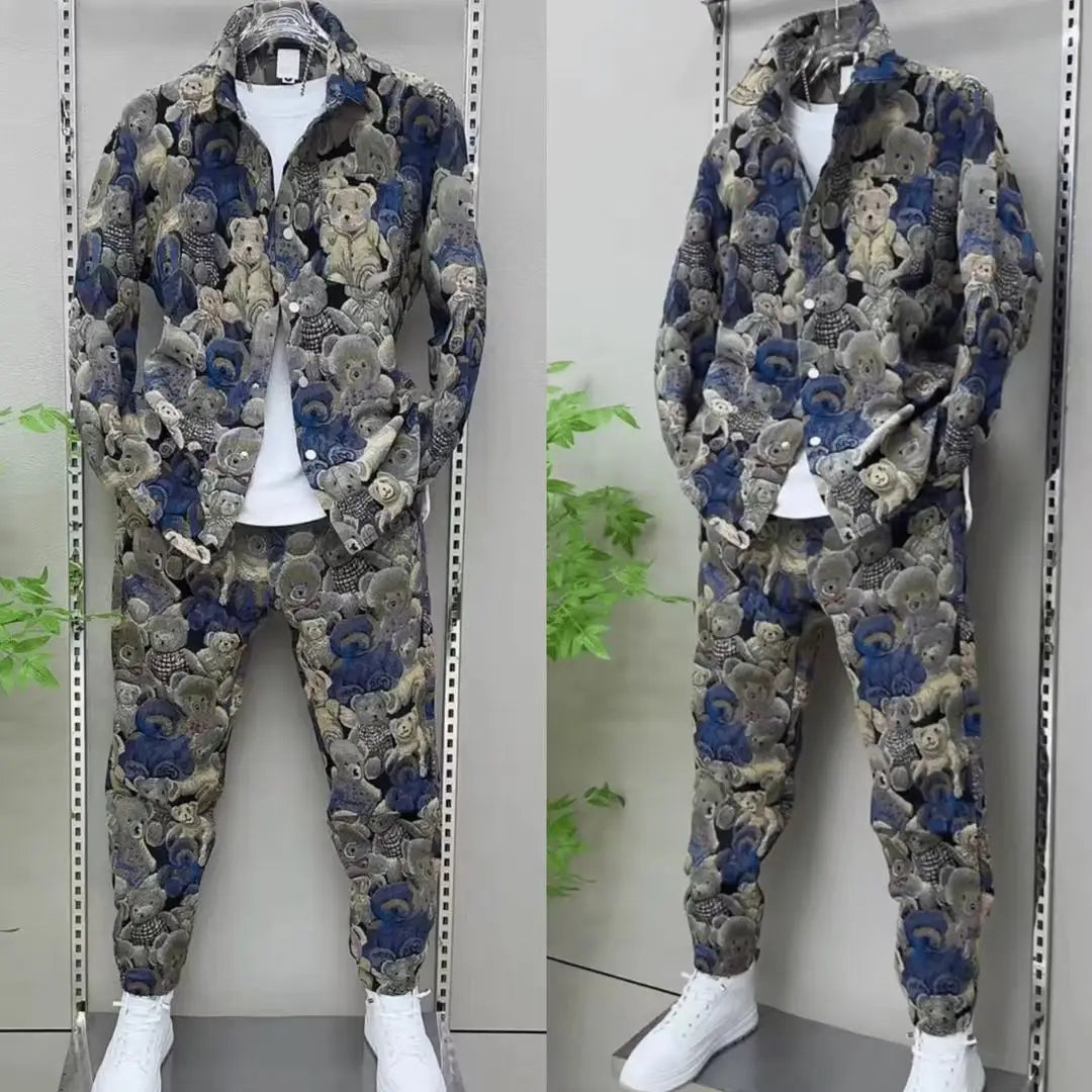 Spring Autumn Men's Sets Fashion Bear Printing Jacket  Trousers Two-Piece Leisure Sports Suit