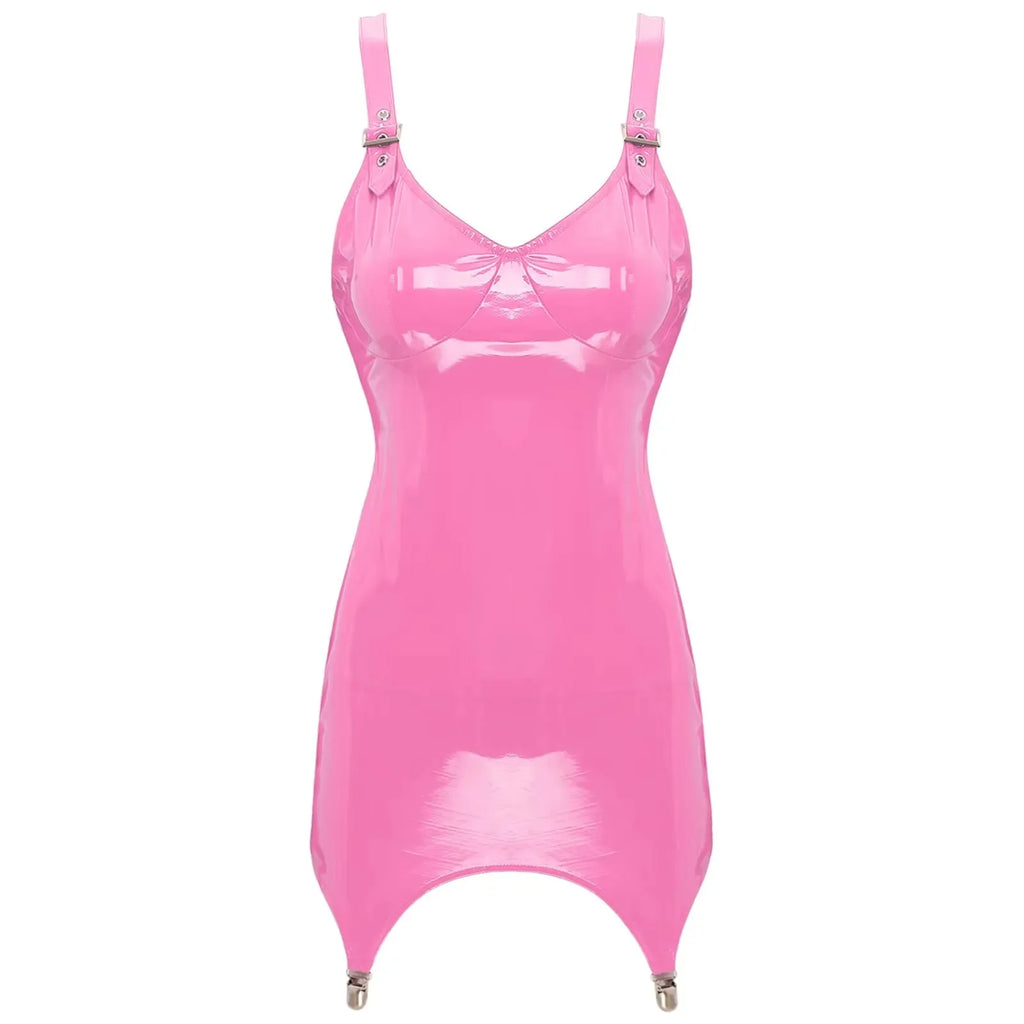 Womens Shiny Metallic PVC Leather V-Neck Mini Dress Chemise Wet Look Night Club Bodycon Babydoll Clubwear with Garter Belt