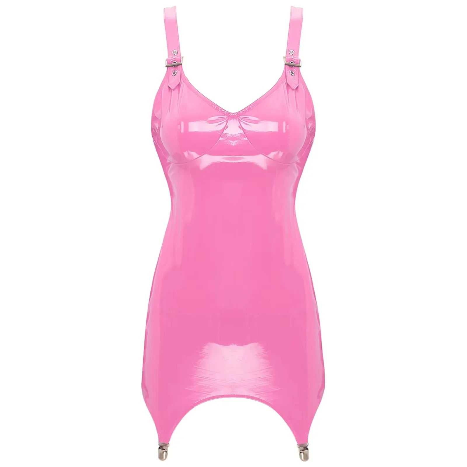 Womens Shiny Metallic PVC Leather V-Neck Mini Dress Chemise Wet Look Night Club Bodycon Babydoll Clubwear with Garter Belt