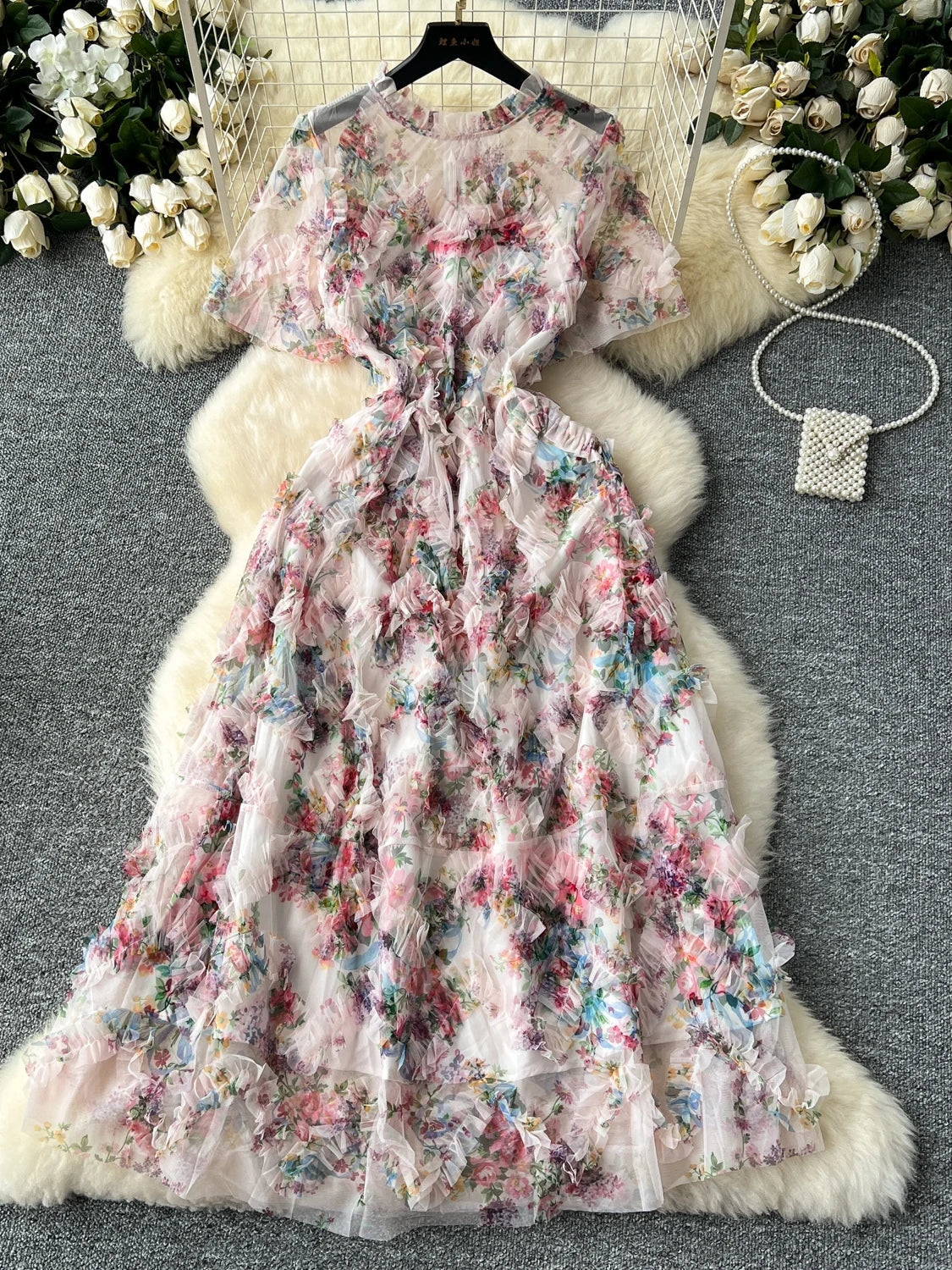 Runway Summer Autumn Holiday Floral Midi Tulle Prom Dress