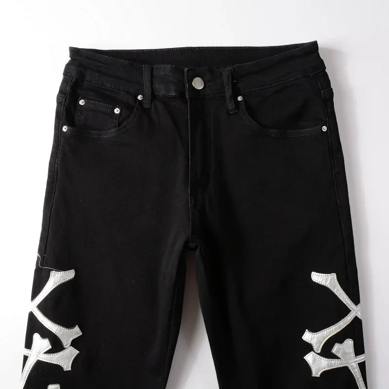 Classical White Bones Patchwork High Street Slim Fit Ripped Jeans