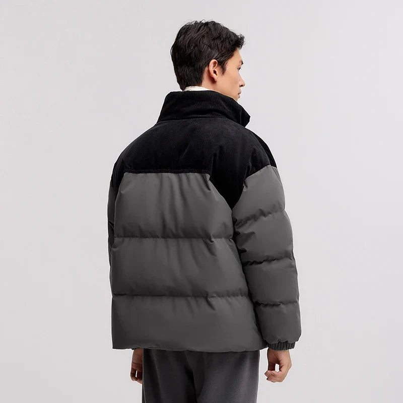 Down Jacket Men 2024 Winter New Patchwork Corduroy Texture Coat Thick Loose Top Embroidered Down Jacket