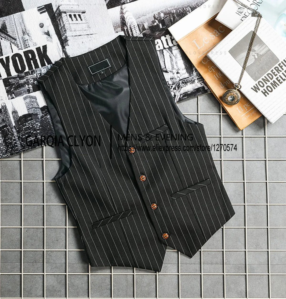 New V Neck Pinstripe Men's Vest Slime Fit Single Breasted Business Casual Men's Waistcoat For  Groomemsen Wedding