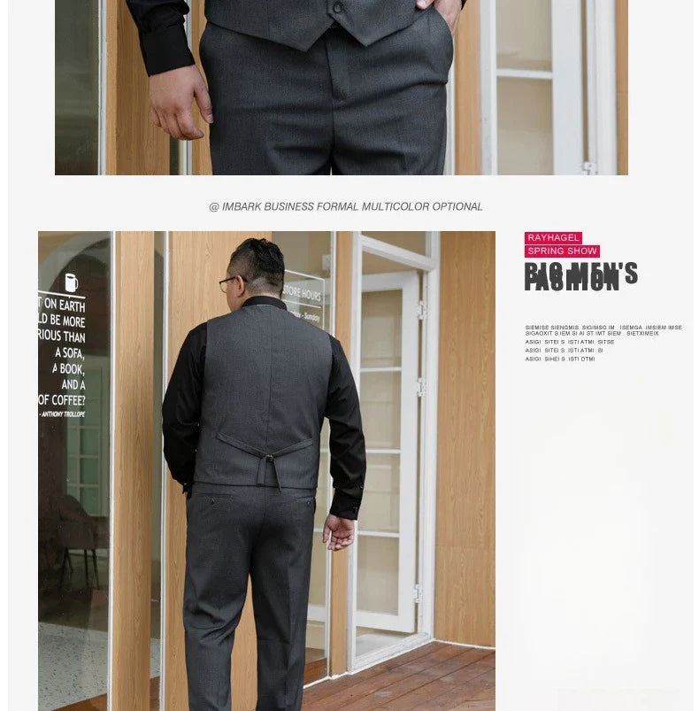 Plus Size Man Suit Set Solid Color Single Breasted Jacket Vest Pants For Host Groom Groomsmen Grey Black Navy 3-Piece Suit Set