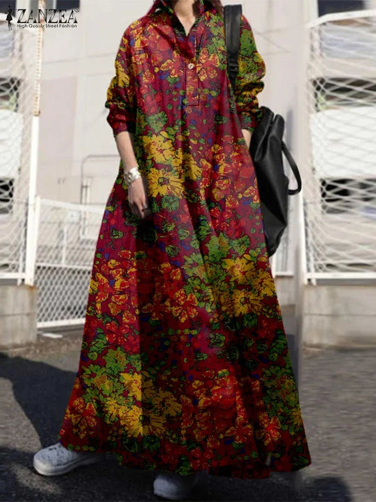 Printed Long Sleeve Cotton Maxi Dress Women Spring 2025
