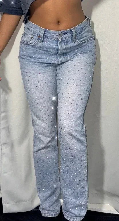Fashion Rhinestone Sequin Jeans Y2K Pants Womens Gothic Hip Hop Pocket