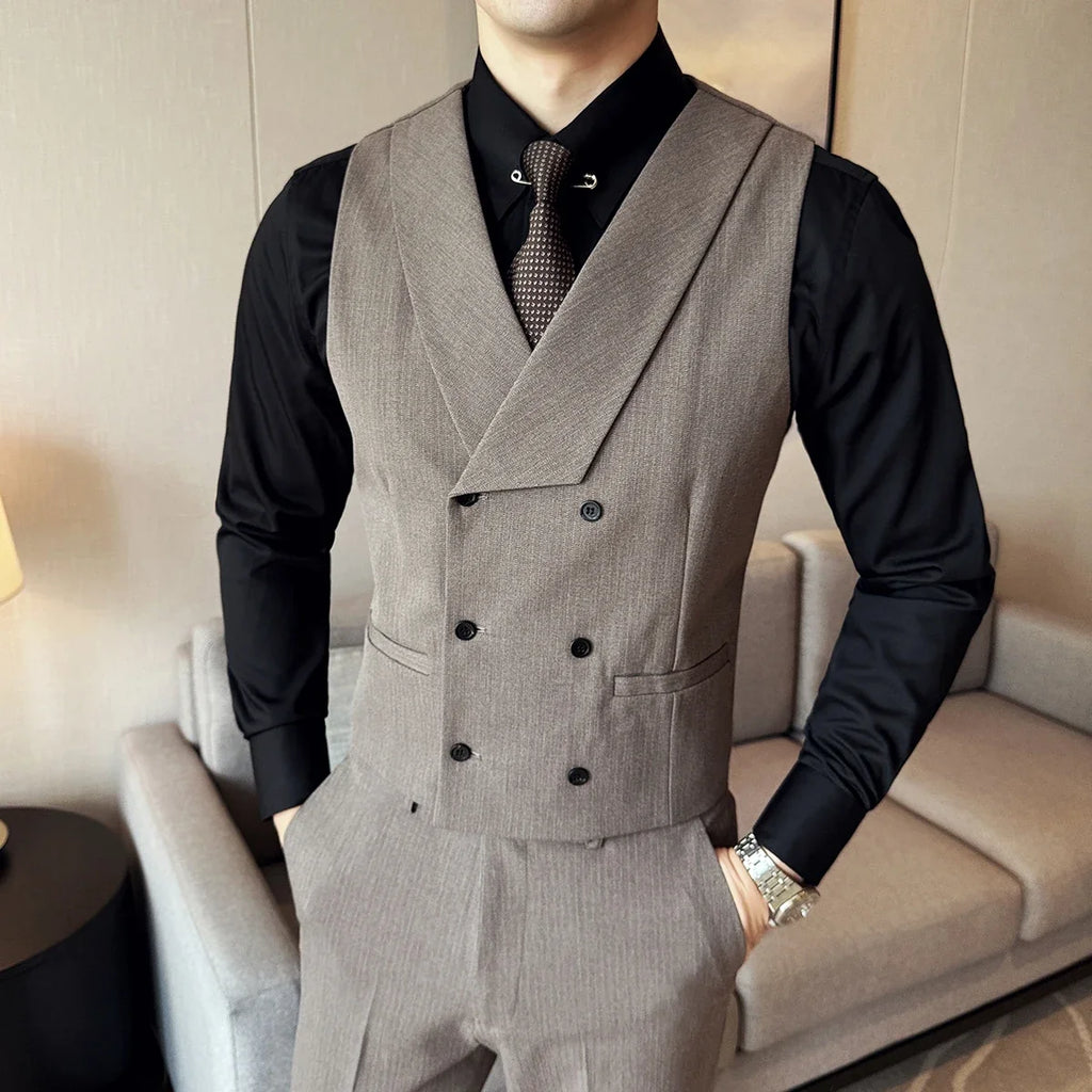 ( Vest + Pants) Double Breasted Stripe Suit Vest With Pants New Men Fashion Slim Business Casual Wedding Dress Vest 2 Pcs Sets