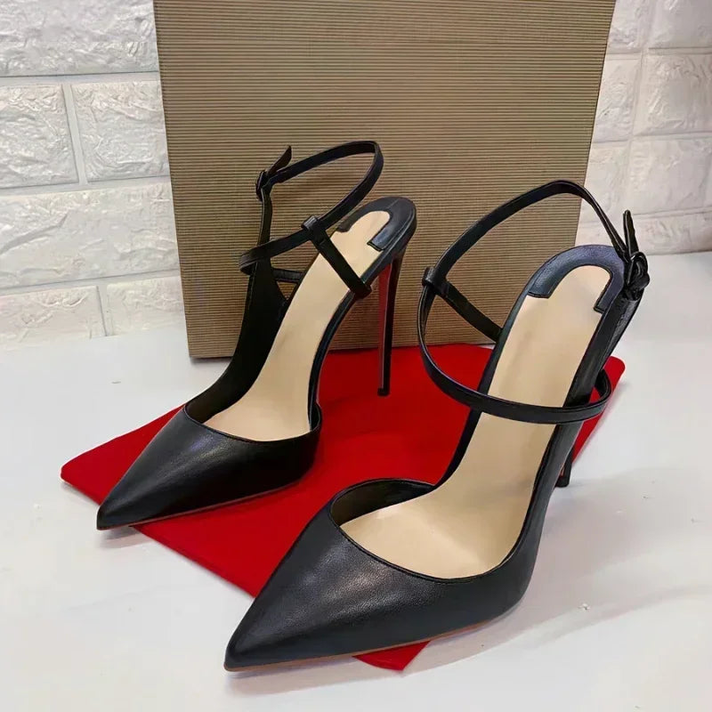 2025New summer and autumn black 12cm lace up high-heeled sandals with sexy slim heels and pointed  stylish single shoes