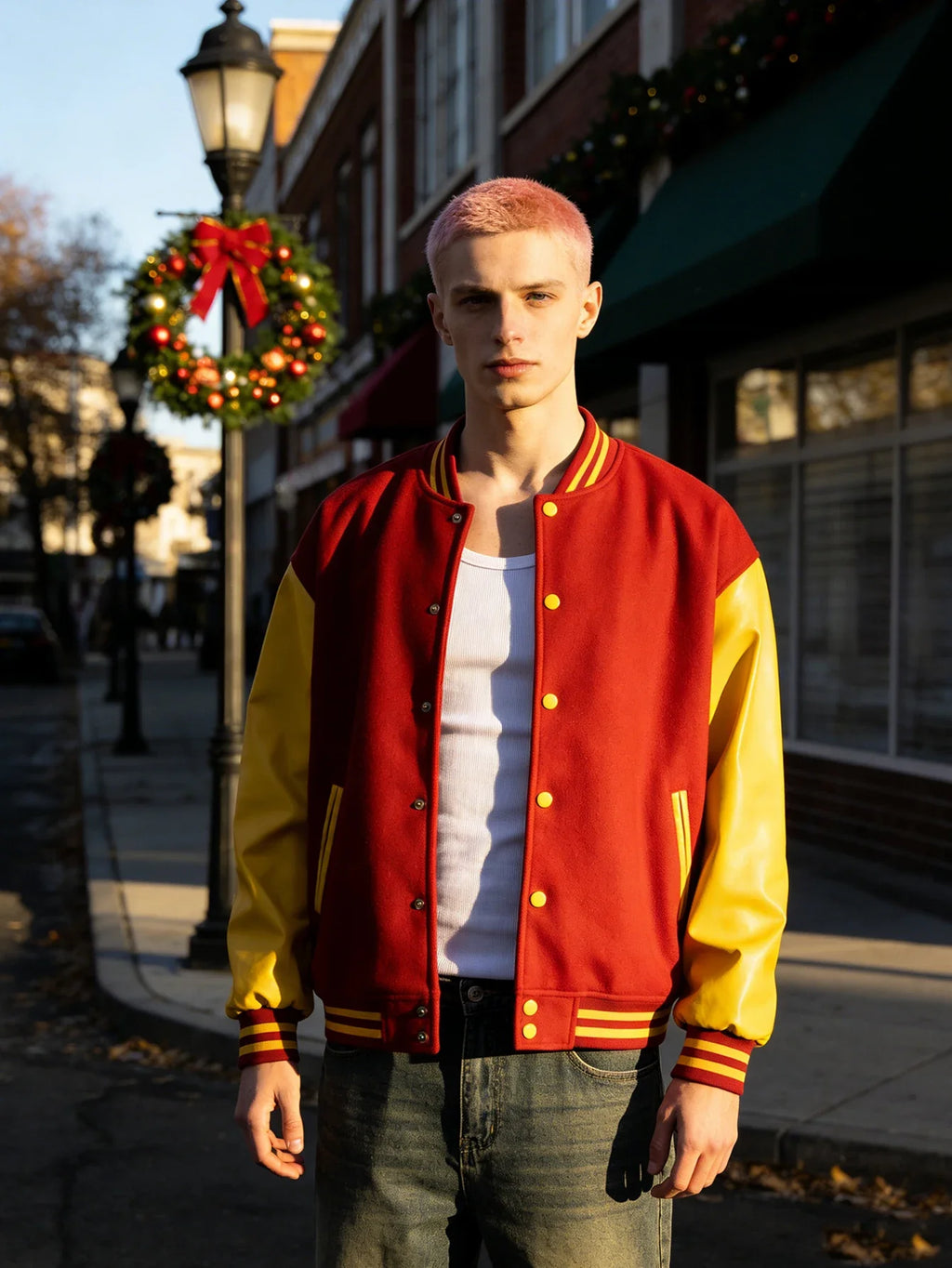 Men's Classic Varsity Jacket with Faux Leather Sleeves Letterman Style Baseball Coat Color-Block Lightweight Men's