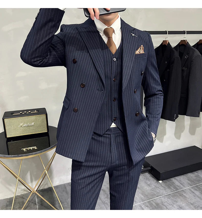 ( Blazer+Vest+Pants ) Groom Wedding Male Suit Luxury Brand Fashion Striped Men's Casual Business Office Double Breasted Suit