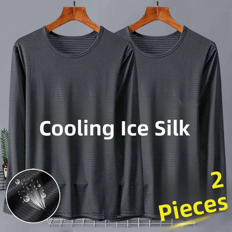New 2025 Men's Ice Silk Breathable Sun Protection Hollow out Thin Long Sleeve Casual Sports T-Shirt Large Size Loose Fit