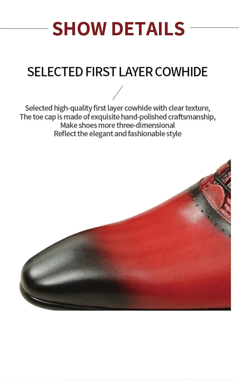 New Men's Business Leather Shoes Fashion Summer Lace-Up Red Black Hand Carved Wedding Shoes Anniversary Office Oxford Shoes