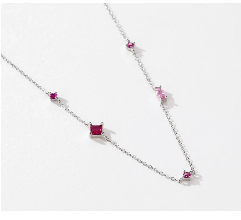 925 Sterling Silver Rainbow Colorful Zirconia Pendant Necklace Shiny Geometric Chain Neck For Women Party Jewelry Gift