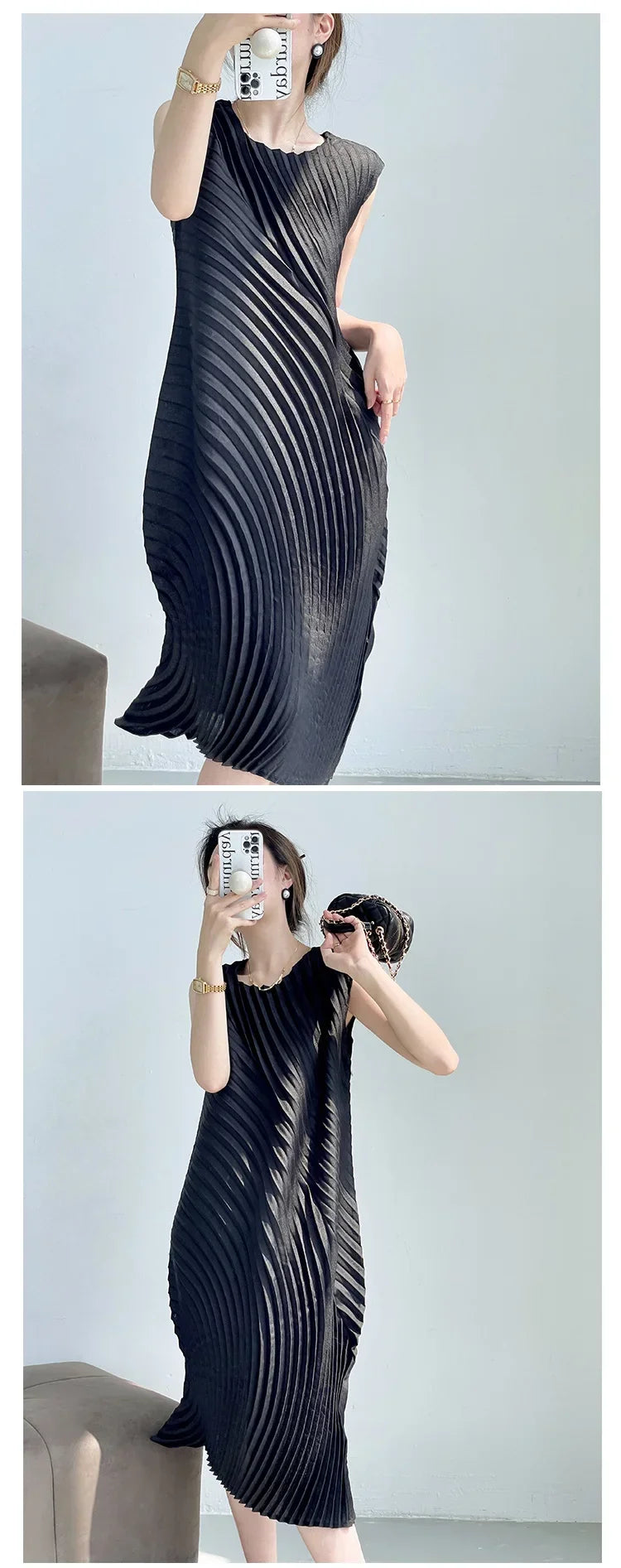 Hand Circle Pleated Sleeveless Dress Designer Long Round Neck Elegant Loose Summer Korean Style Aesthetic Clothes
