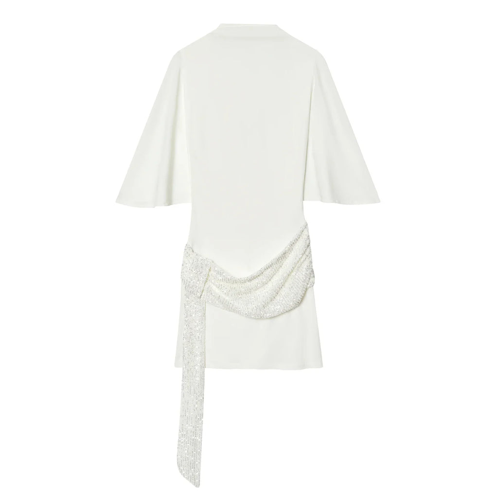 2026 Women Elegant White Short-Sleeved Backless Sequined Splicing Decoration Sexy Short Dress Woman Fashion Party Mini Dress