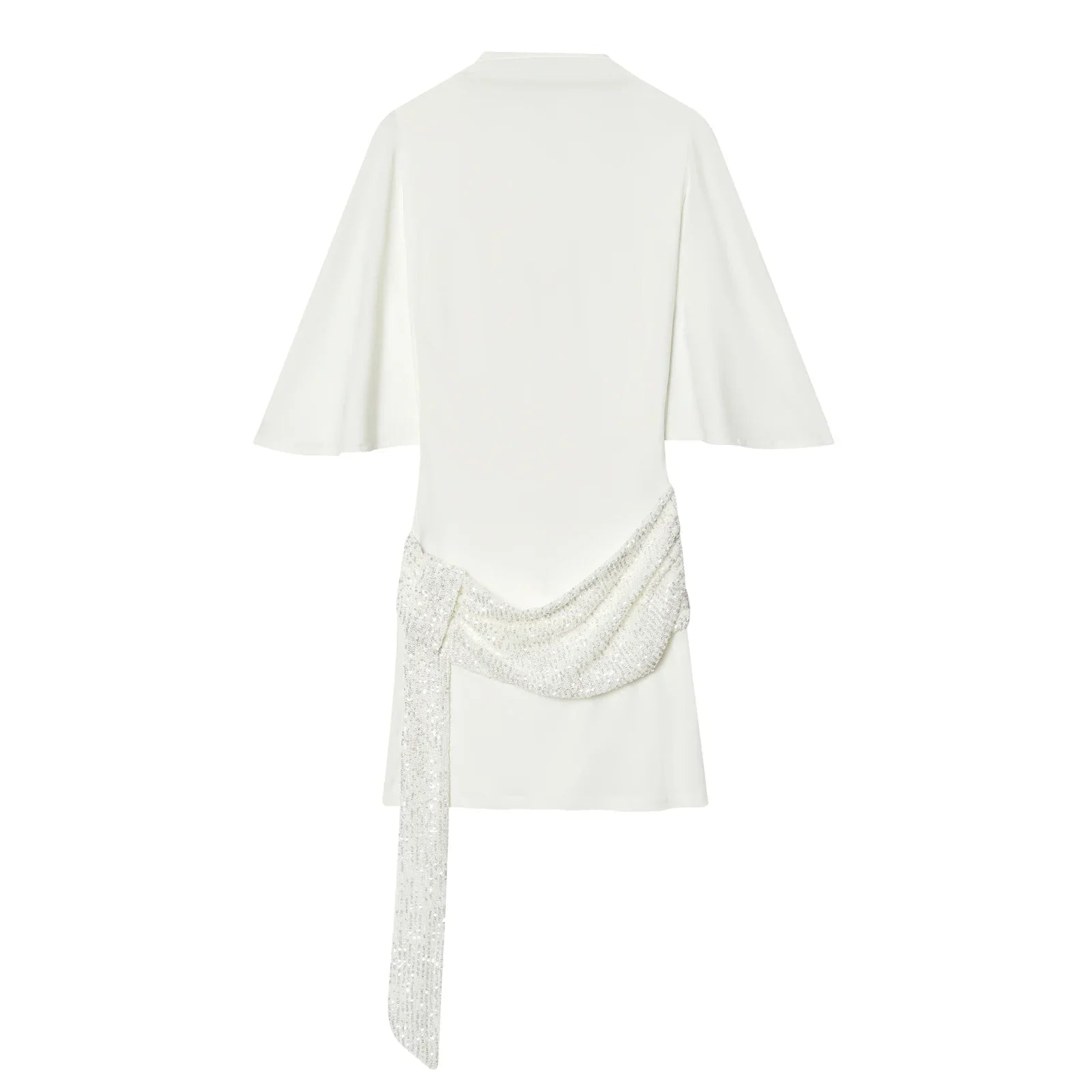 2026 Women Elegant White Short-Sleeved Backless Sequined Splicing Decoration Sexy Short Dress Woman Fashion Party Mini Dress