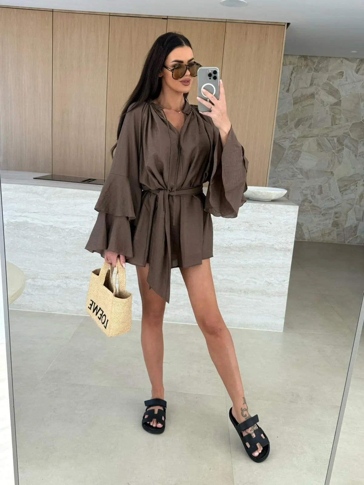 2026 Autumn Ruffle Loose Mini Dress Casual Flare Sleeve Holiday Dresses Sexy Deep V-neck Lace Up Solid Women's Dress Vestidos