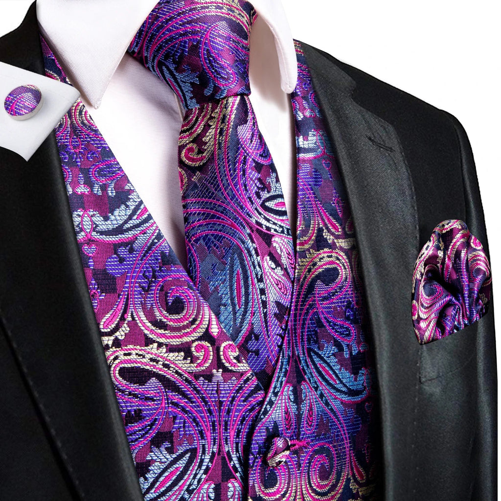 Green Mint Purple Mens Silk Vest Tie Jacquard Autumn Spring Suit Waistcoat Jacket Necktie Hanky Cufflinks for Men Wedding