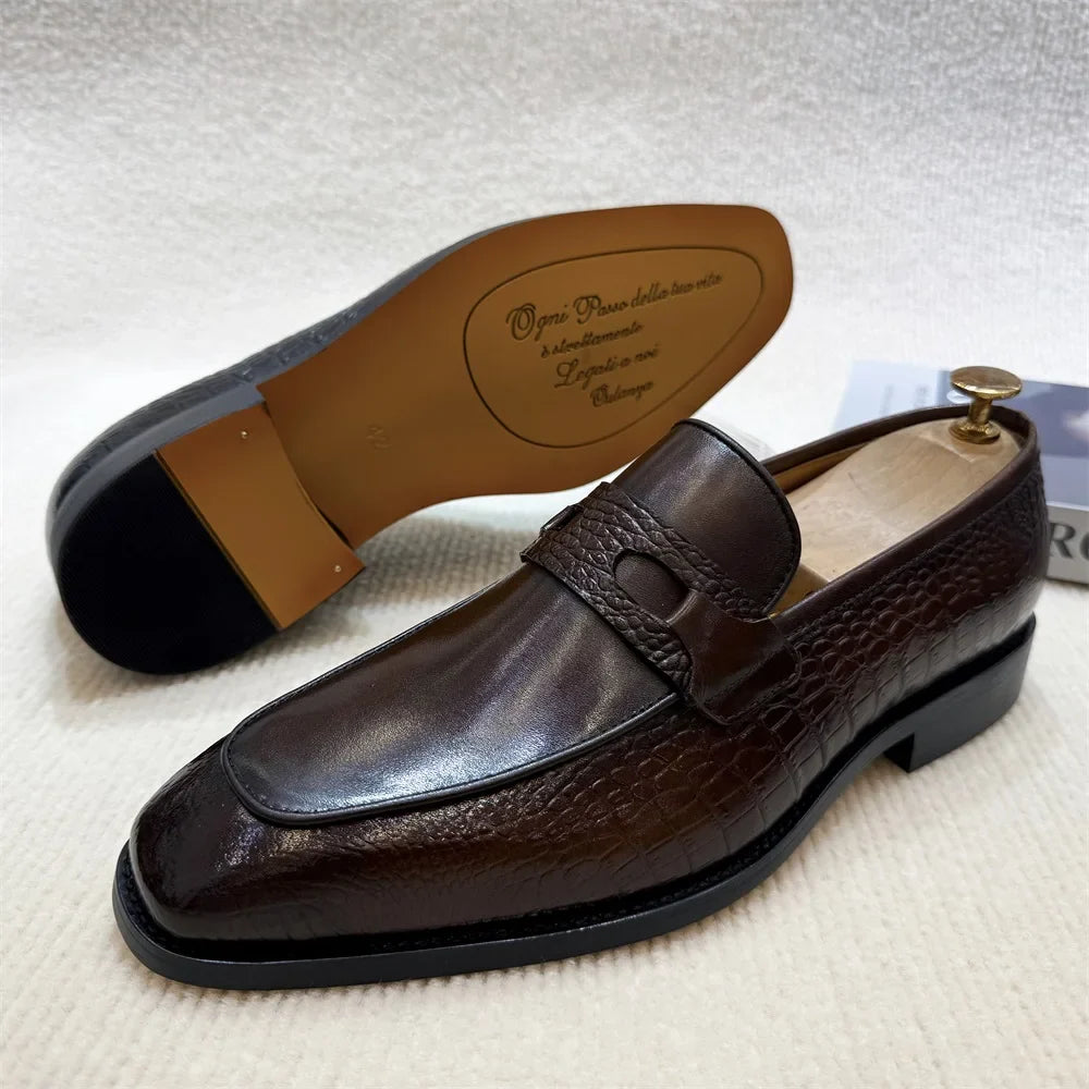Luxury Men's Genuine Leather Dress Shoes Crocodile Print Wedding Loafers Double Buckle Business Office Formal Slip-On Shoes