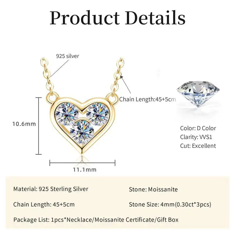 Certified 0.3CT Round Moissanite Necklace 925 Sterling Silver Heart Shape Pendant Necklace for Valentine's Day Jewelry