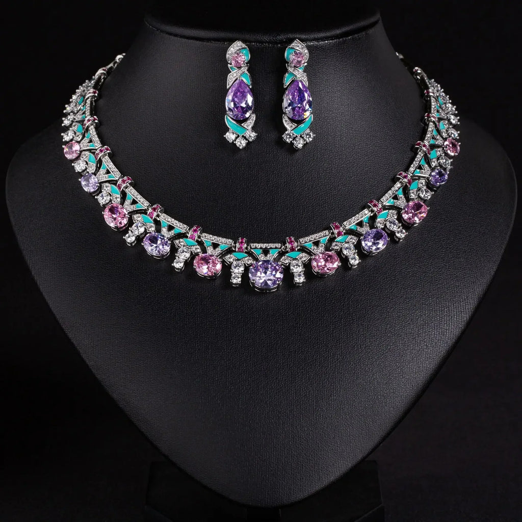 Pop Hot Stereo Jewelry Oil Painting Necklace Earrings Premium Multi-Color 2-Piece Wedding Travel Women's Holiday Gift M-1000
