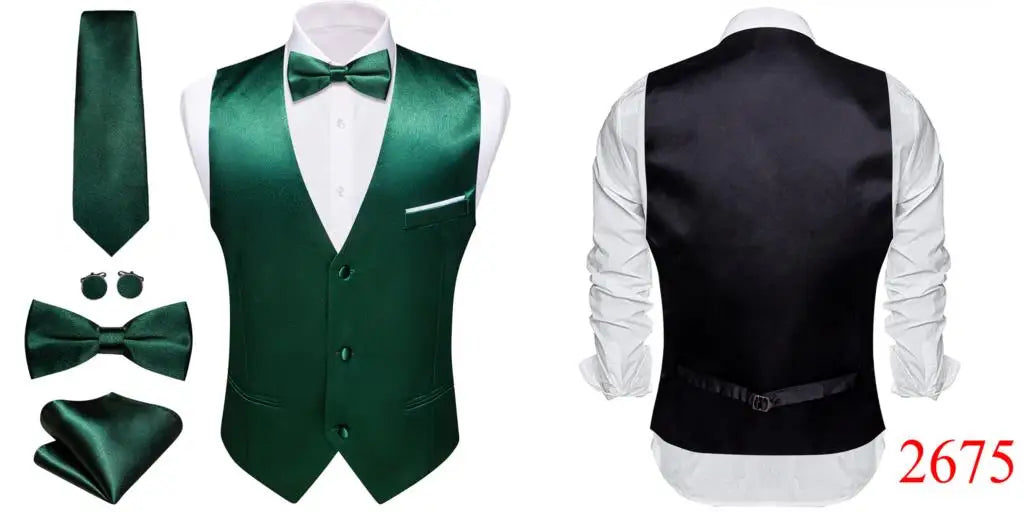 Elegant Silk Vest for Men Wedding Solid Gold Green Pink Purple Red Waistcoat Tie Bowtie Set Sleeveless Jacket Suit Barry Wang