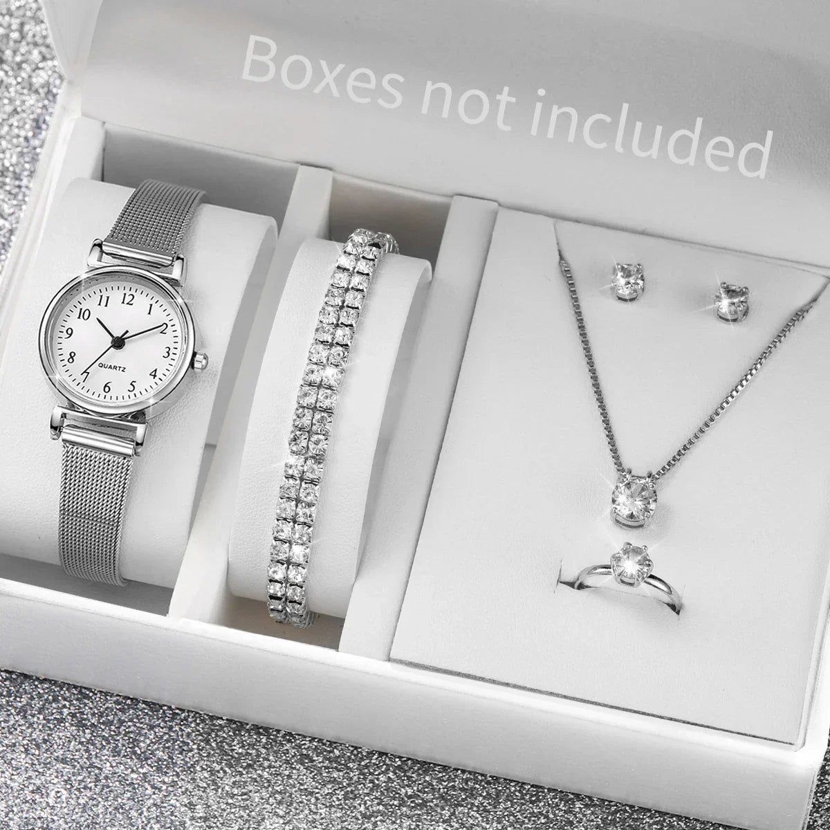 6PCS Fashion Women Watches Small Arabic Dial Quartz Watch Ladies Silver Mesh Band Wristwatches Jewelry Reloj Mujer（Without Box）