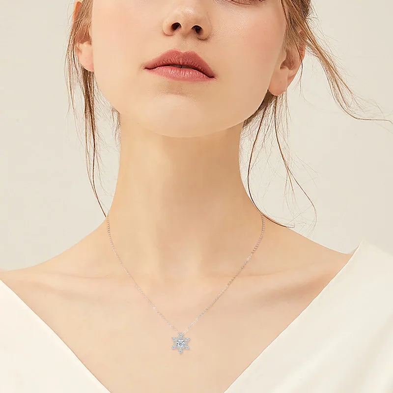 Round Cut Moissanite Snowflake Pendant Necklaces for Women Solid 925 Sterling Silver Chains Wedding Jewelry Gift Collar