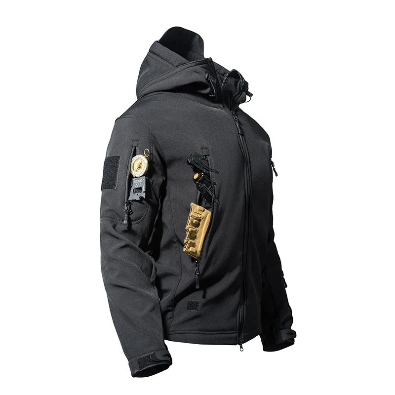 Mens Winter Autumn Warm Cargo Fleece Jackets Sharkskin Military Hood Windproof Outdoor Coats Hiking Camping Climbing Tactical