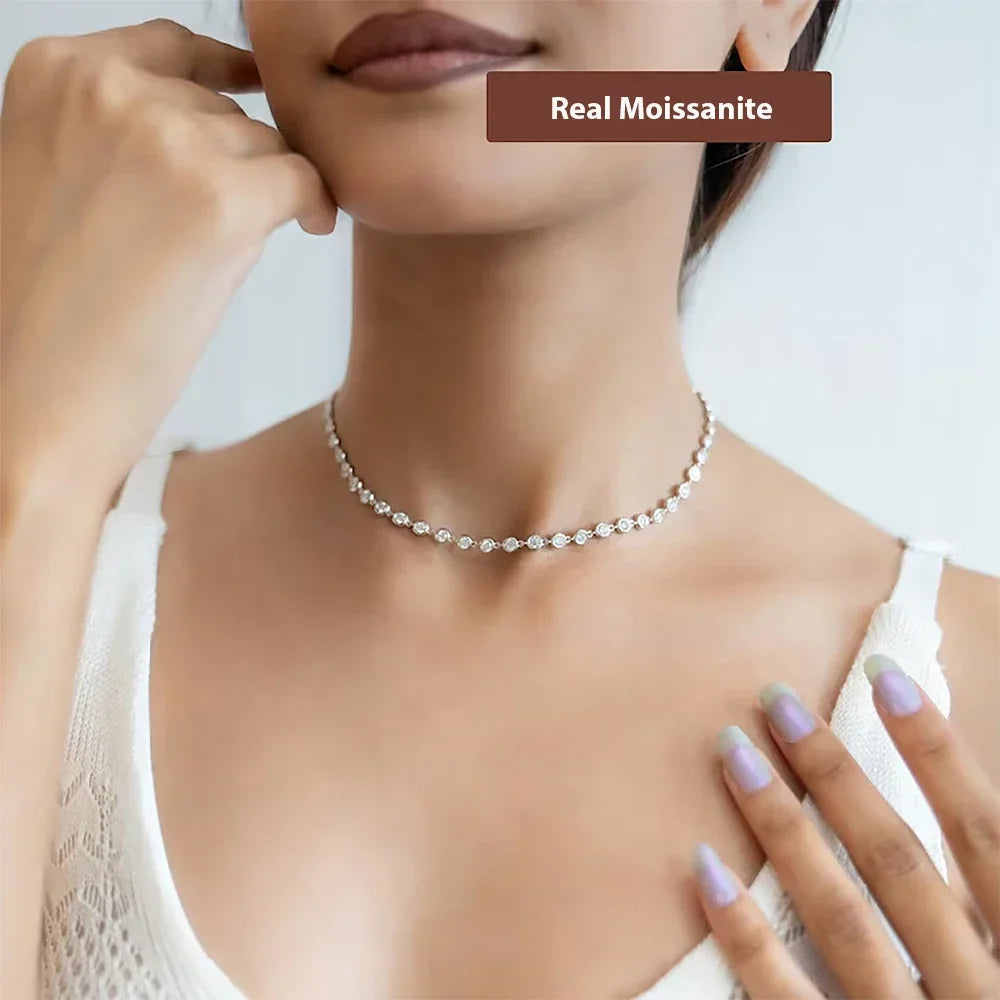 Certified 3mm Round Bezel Moissanite Tennis Necklace for Women 925 Sterling Silver Plated 18k Gold D Color Diamond Neckchain