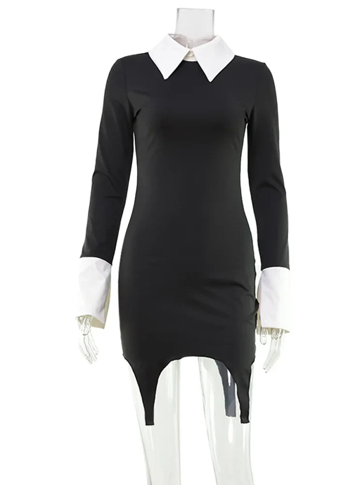 Turn-down Collar Solid Patchwork Long Sleeve Women Dresses Hip Wrap Fashion Sheath Outfits Female Sexy Club Bodycon Robe