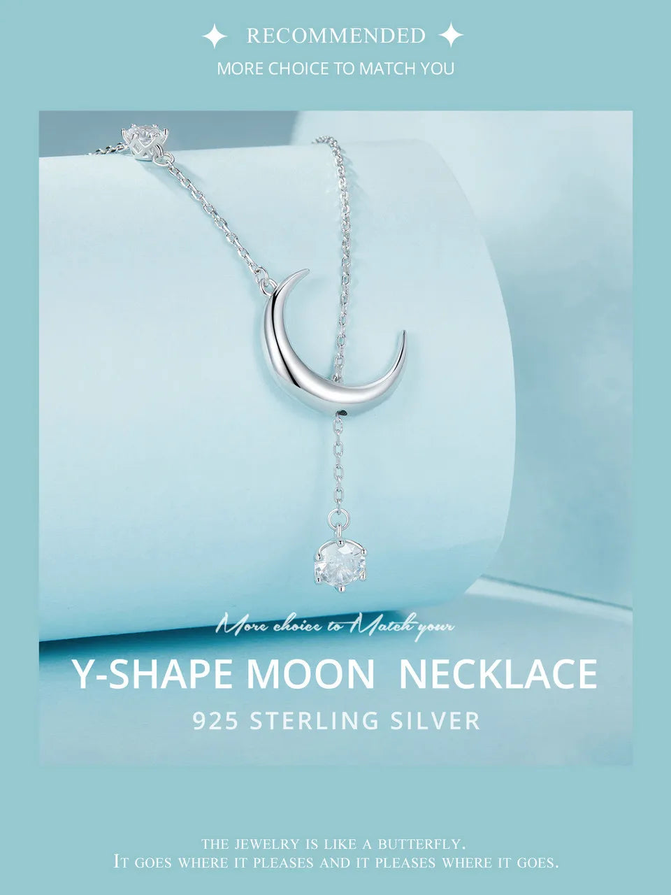 925 Sterling Silver Y-Shape Moon Pendant Necklace Water-drop Zircon Neck Chain for Women Anniversary Gift Fine Jewelry