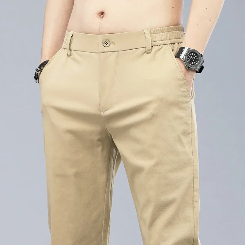 Spring Summer Cotton Men Casual Pants Elastic Waist Business Korean Fashion Straight Classic Solid Color Trousers Black Khaki