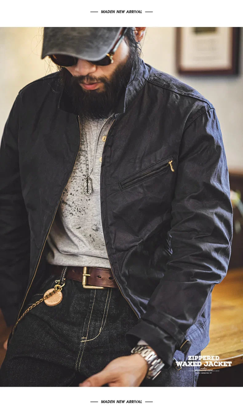 Men's Vintage IV Oil Waxed Canvas Jacket Lapel Zipper Short Outerwear Classic Slim Fit for Men's Spring and Fall Jacket