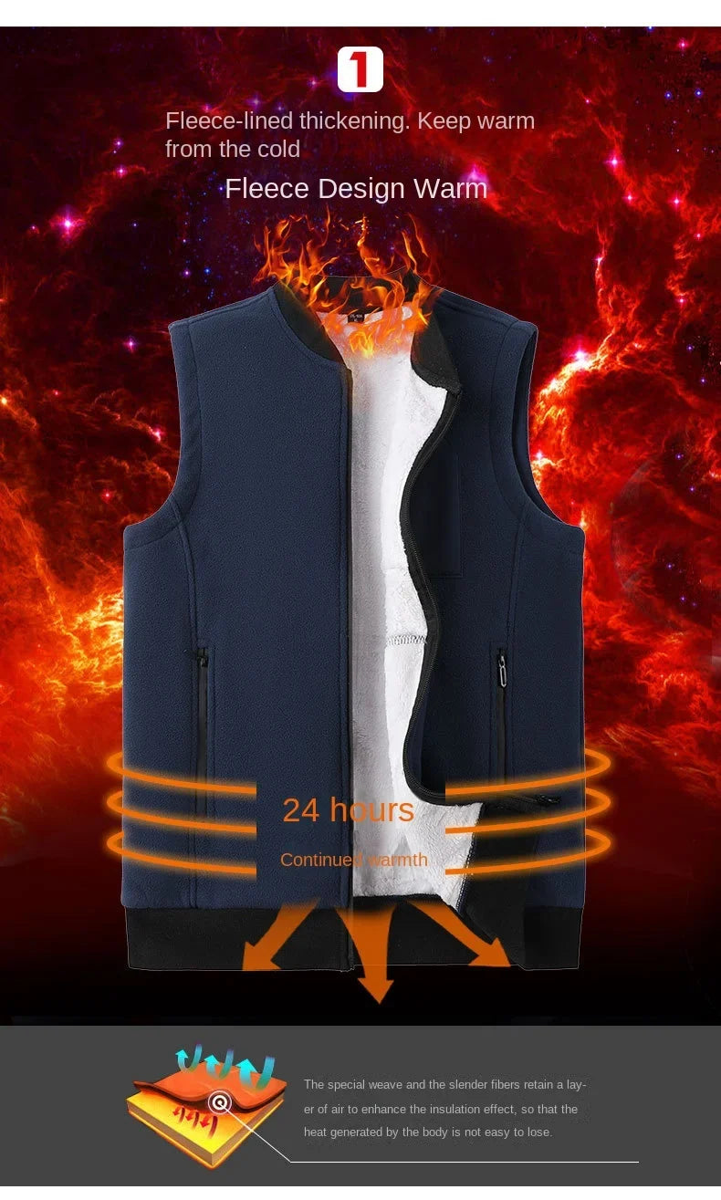 Men Winter Vest Sleeveless Stand Collar Solid Color Fleece Thick Keep Warm Plus Size Neck Protection Winter Waistcoat for Daily