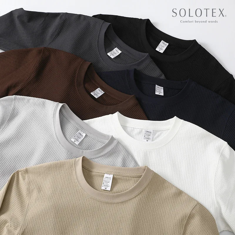 Autumn Lightweight Waffle Knit Base Layer Top  Men - Fashionable Loose Fit Versatile Long-Sleeved Round Neck T-Shirt/Sweatshirt