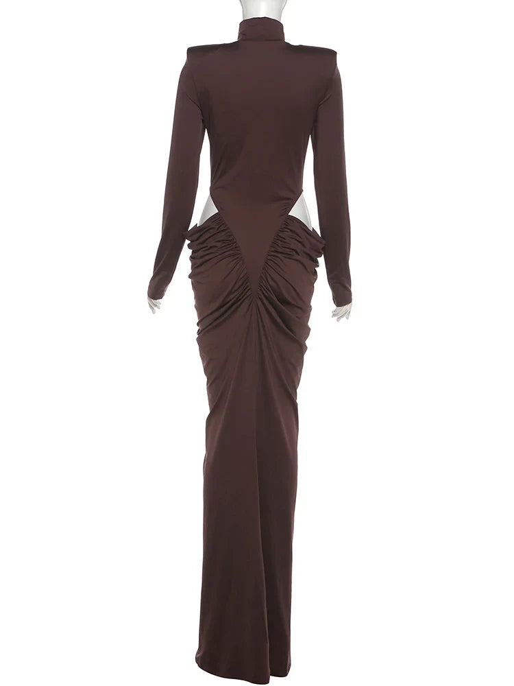 Hipster Waistless Ruched Elegant Dress Woman Autumn Style Turtleneck Full Sleeve Hollow Design Prom Party Long Bodycon