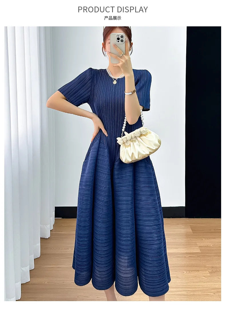 Y2k Pleated Women's Dress Bubble Short-sleeved Loose Slim Thin Medium-length Dresses for Women 2024 Summer New