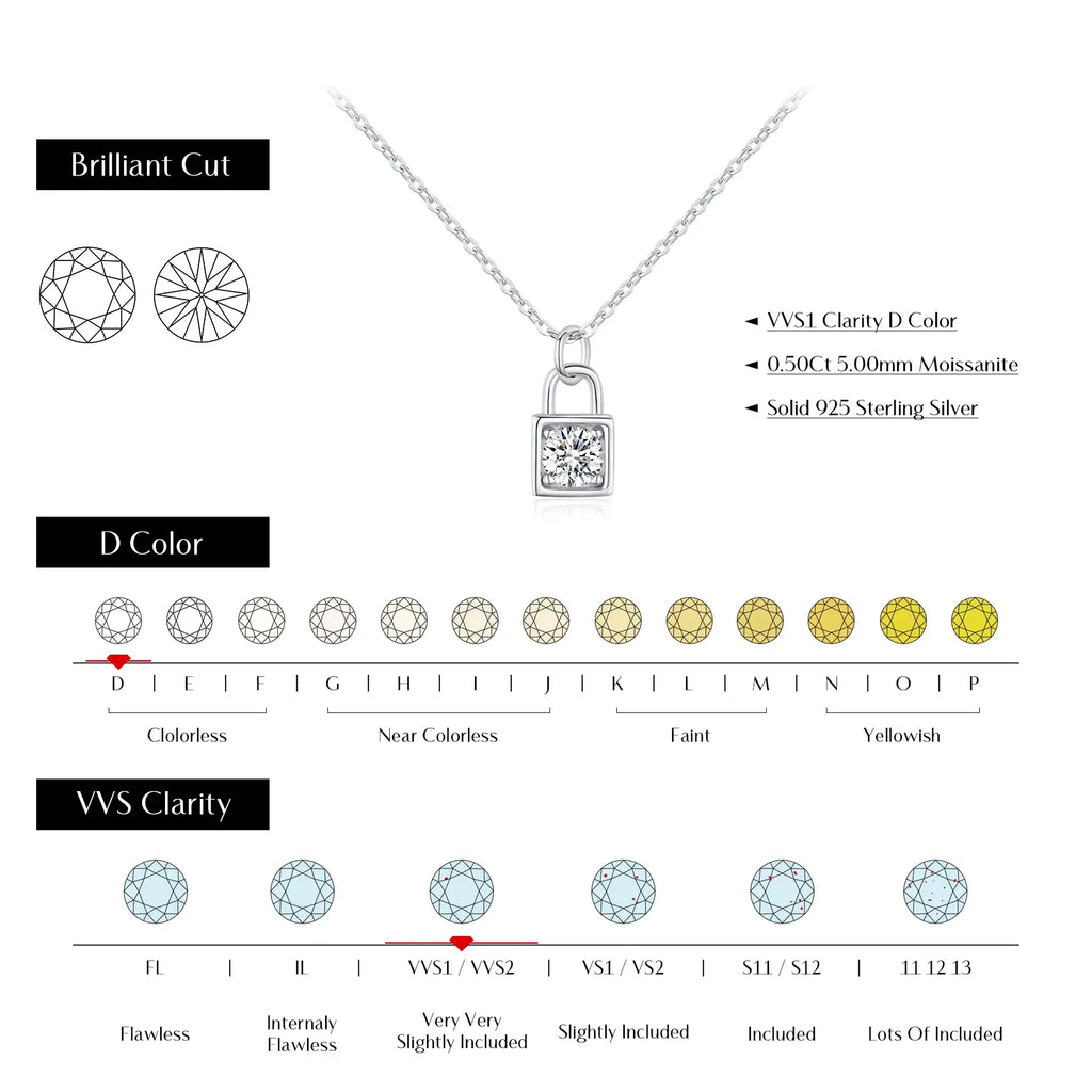 0.5 Carat D Color Moissanite Lock Pendant Necklace For Women 925 Sterling Silver Party Stackable Fine Jewelry With Boxes
